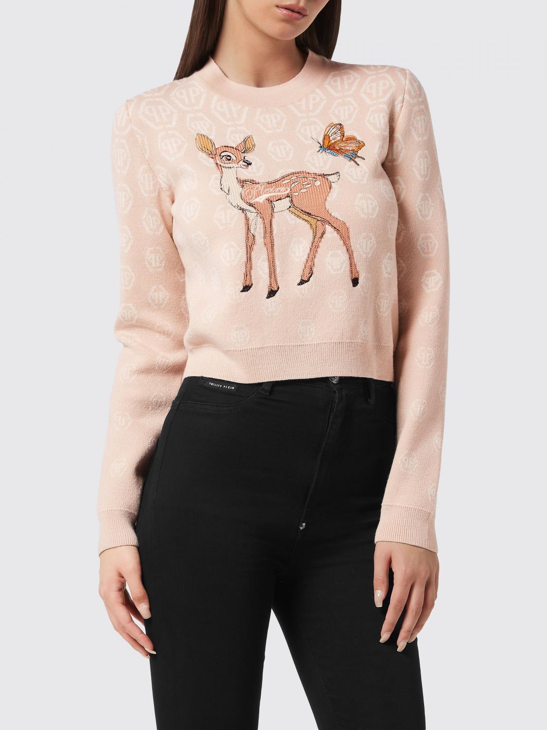 PHILIPP PLEIN Maglia cropped in misto lana con stampa monogram e fauna