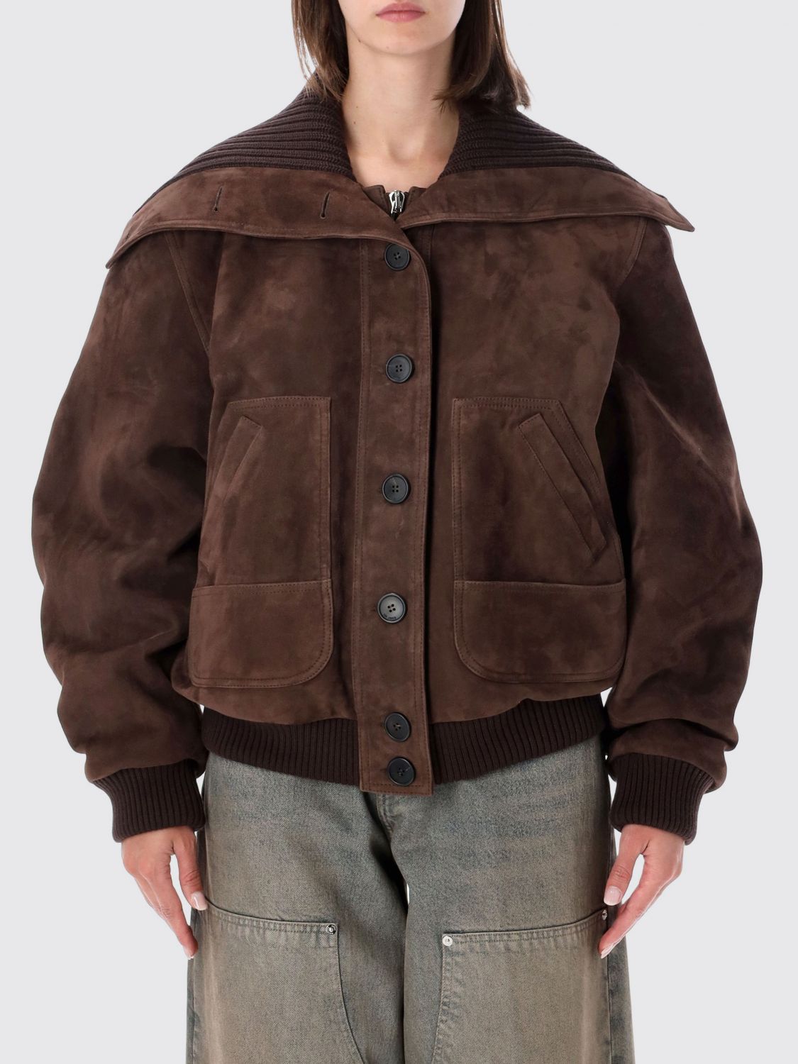 The Attico Suede Relaxed Fit Bomber Jacket with Sailor Collar