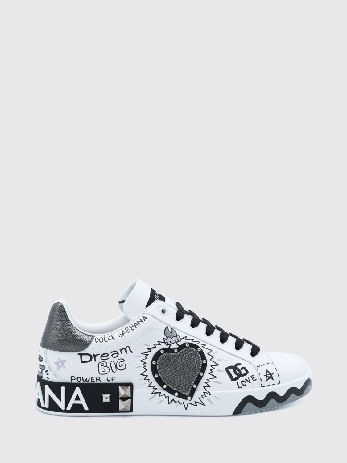 DOLCE & GABBANA Portofino Studded Calf Leather Sneakers with Lettering Logo