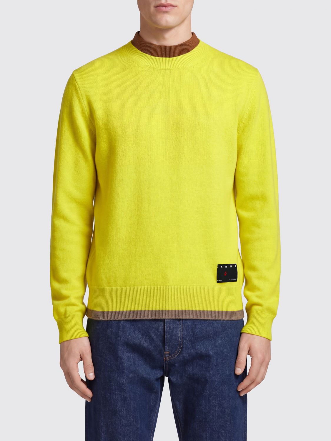 MARNI Maglione girocollo in puro cashmere slim fit con profili a contrasto