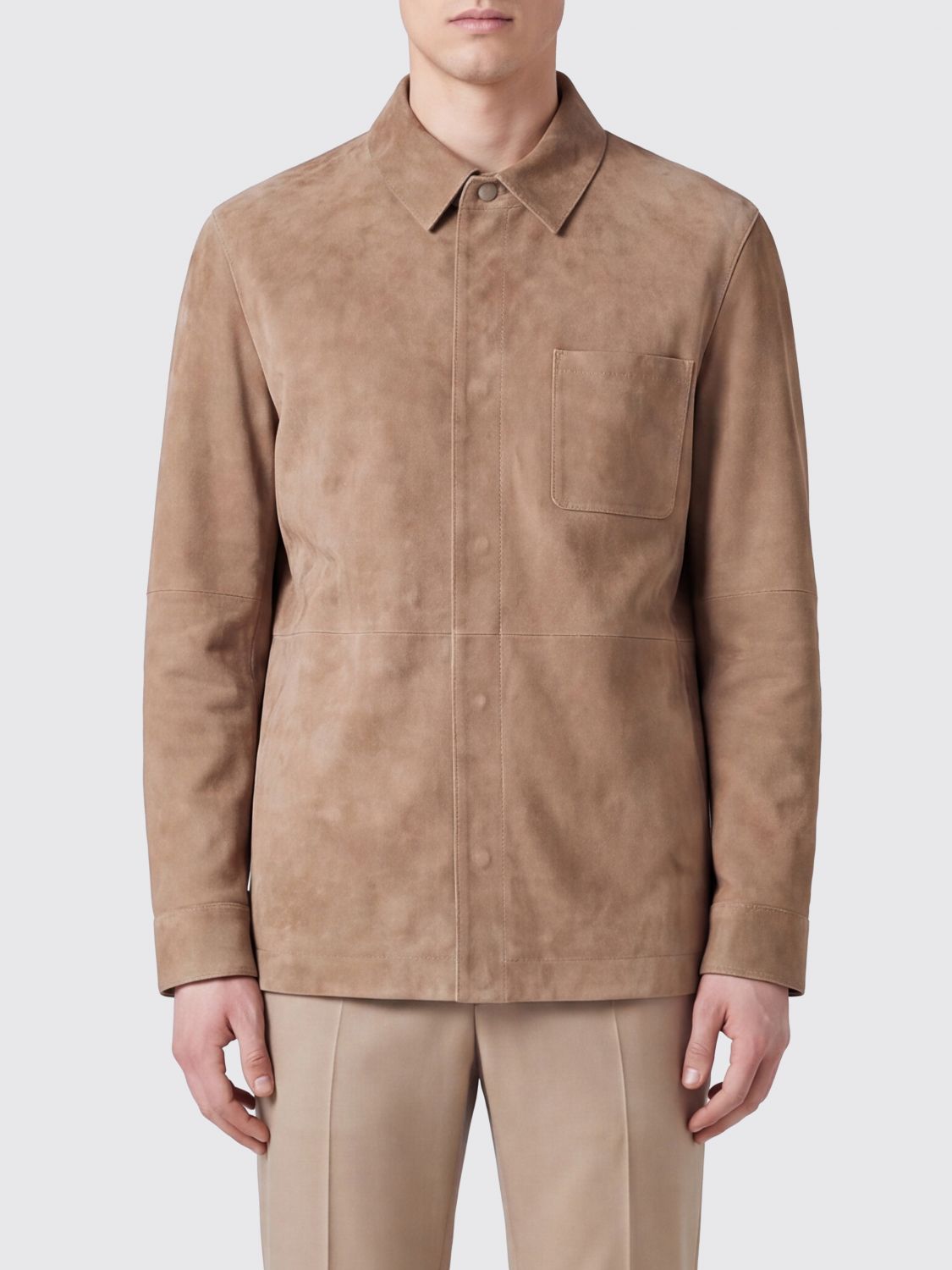 CANALI Suede Leather Shirt Jacket with Patch Pockets