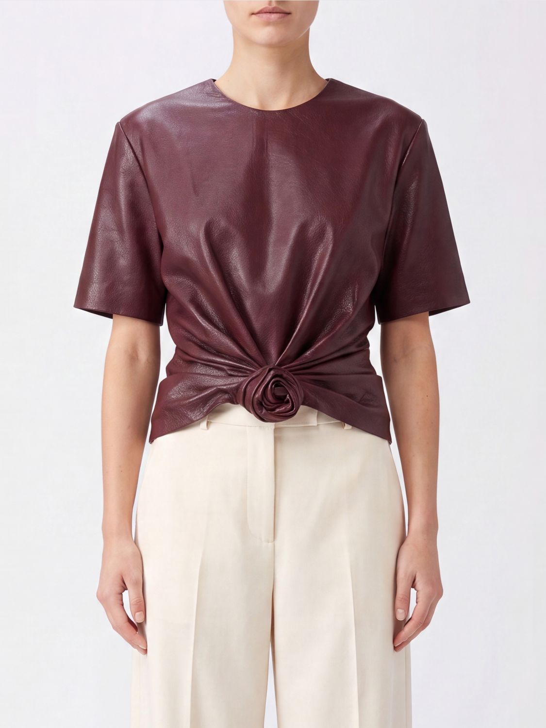 MAGDA BUTRYM 3D Flower Appliqué Short-Sleeved Leather Top