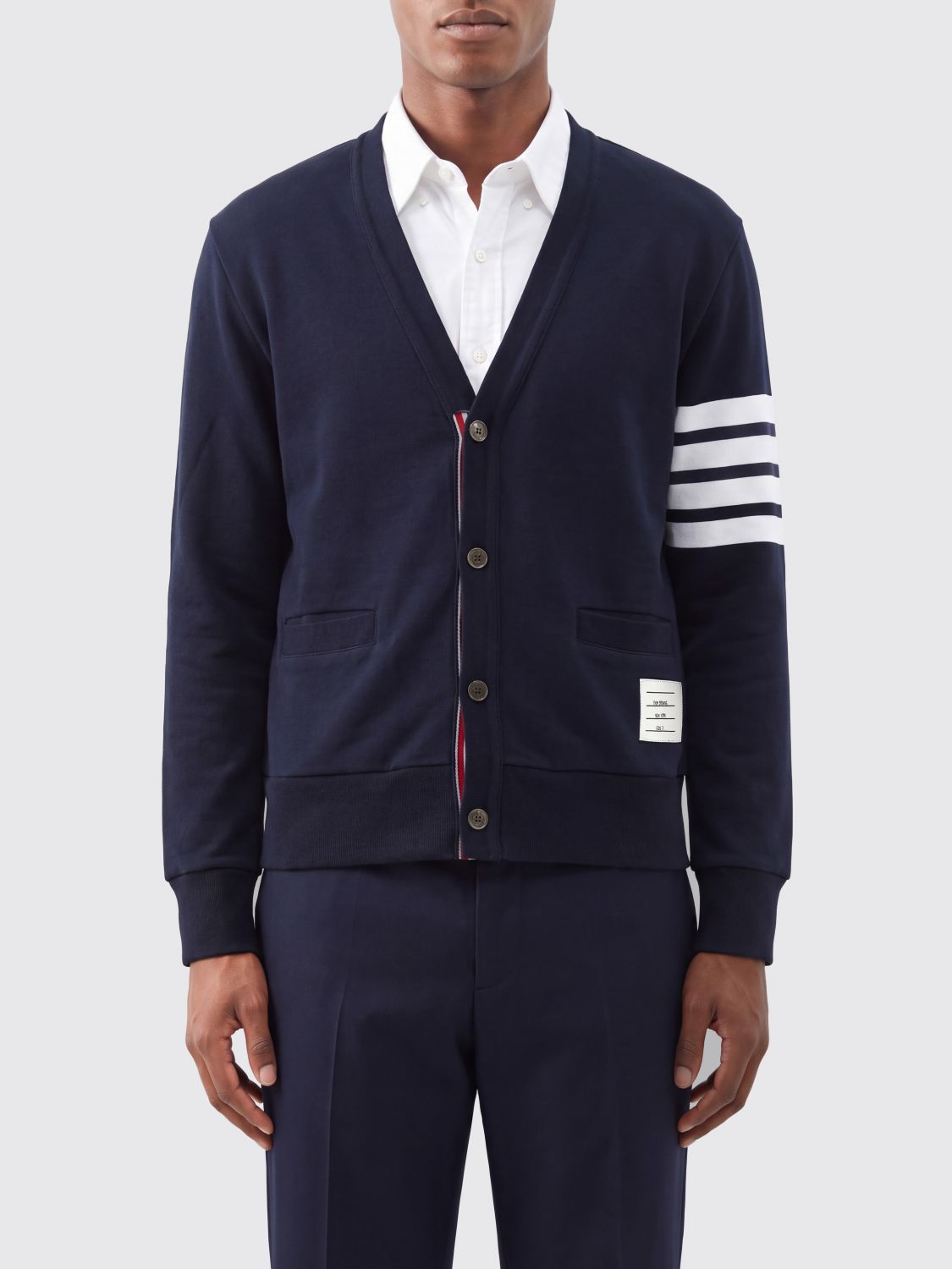 THOM BROWNE Cotton Cardigan with 4-Bar Motif and V-Neck