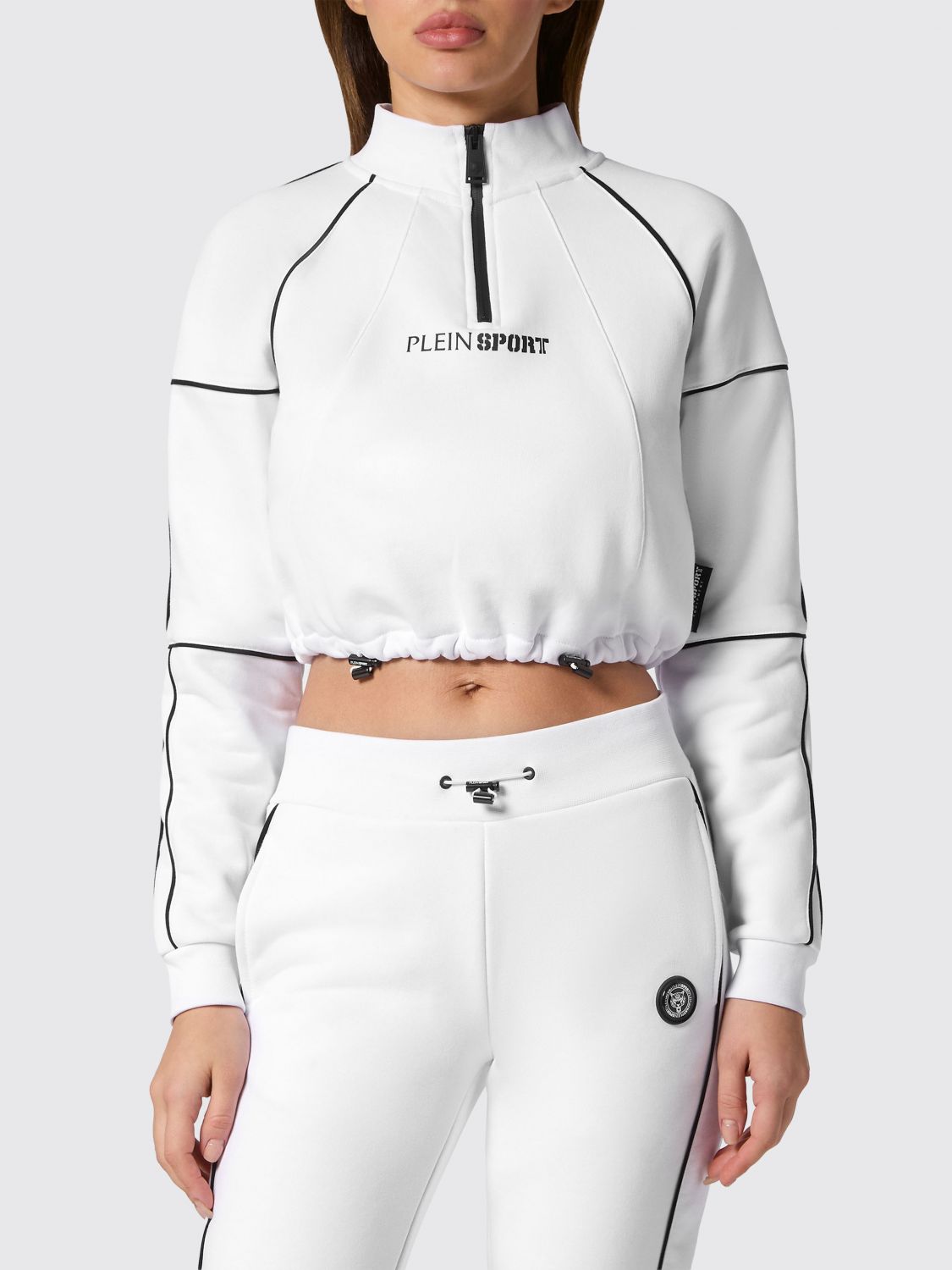 Plein Sport Felpa cropped in jersey con zip e collo alto