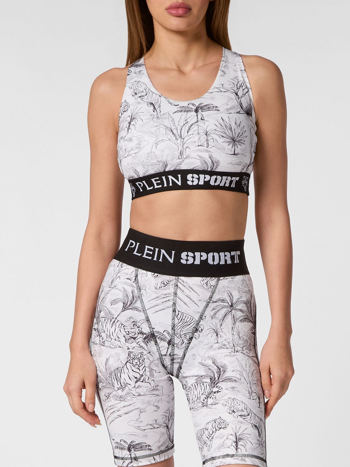 Plein Sport Top sportivo cropped in jersey con stampa tropicale e spalline incrociate