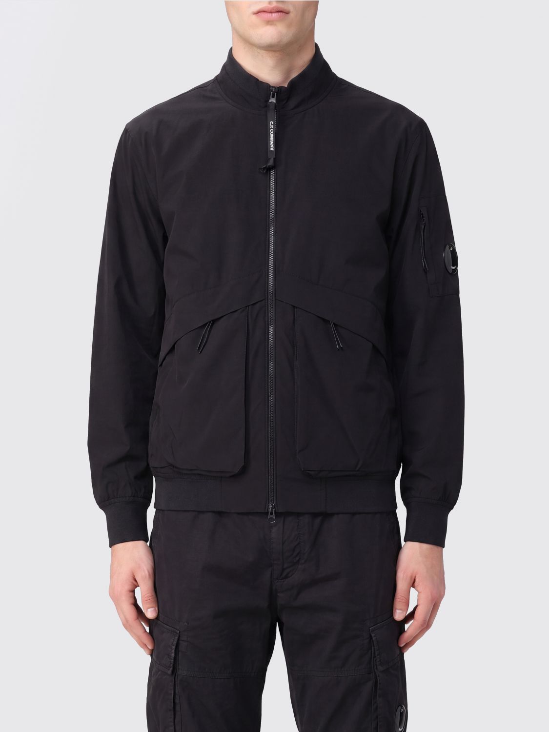 C. P. COMPANY Black Polyester Bomber Jacket with Applied Logo