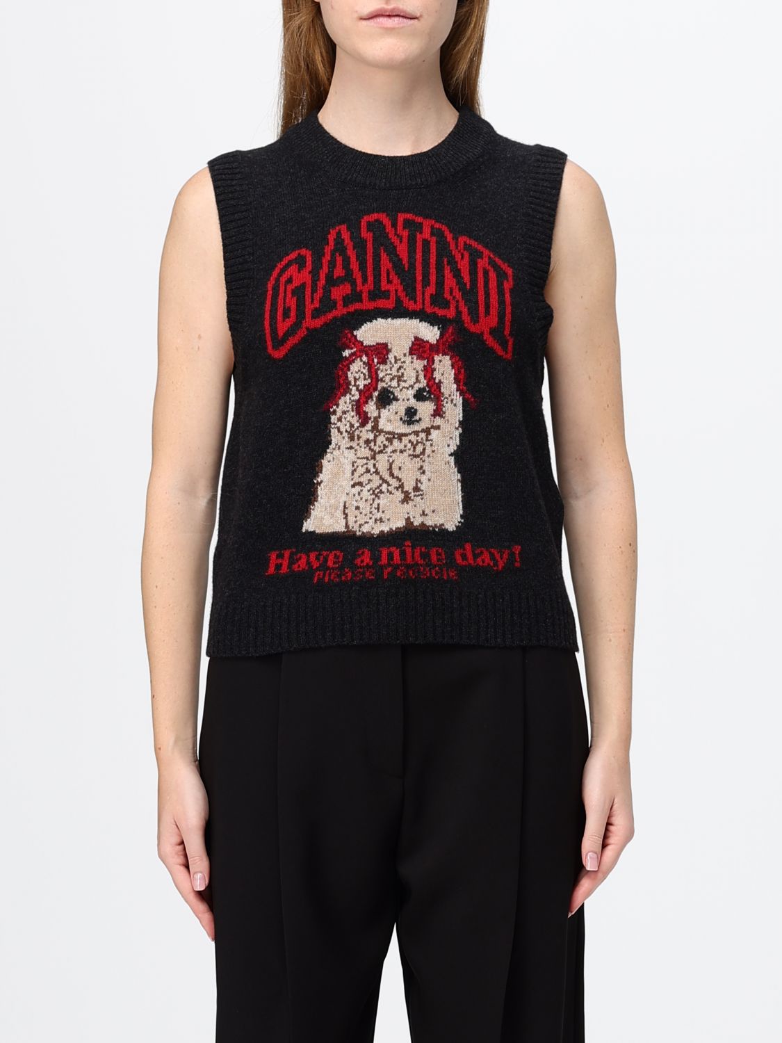 Ganni Sleeveless Graphic Jacquard Logo Wool Tank Top with Crew Neck