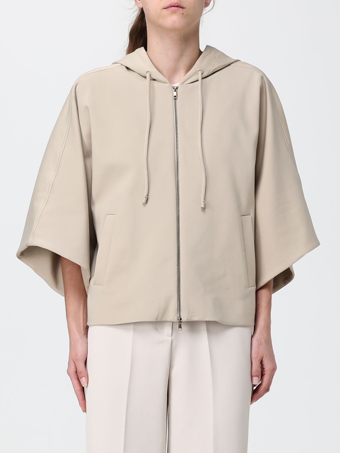 MAX MARA Felpa in misto cotone con cappuccio, zip e spalle scese