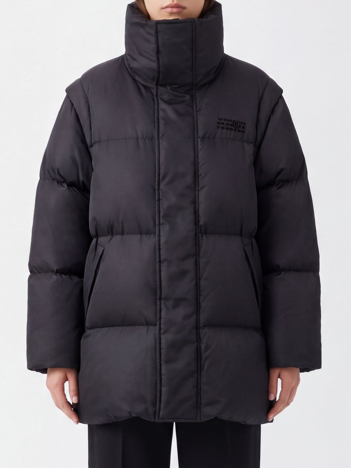 Mm6 Maison Margiela Quilted Long Puffer Coat with Removable Sleeves and Funnel Neck