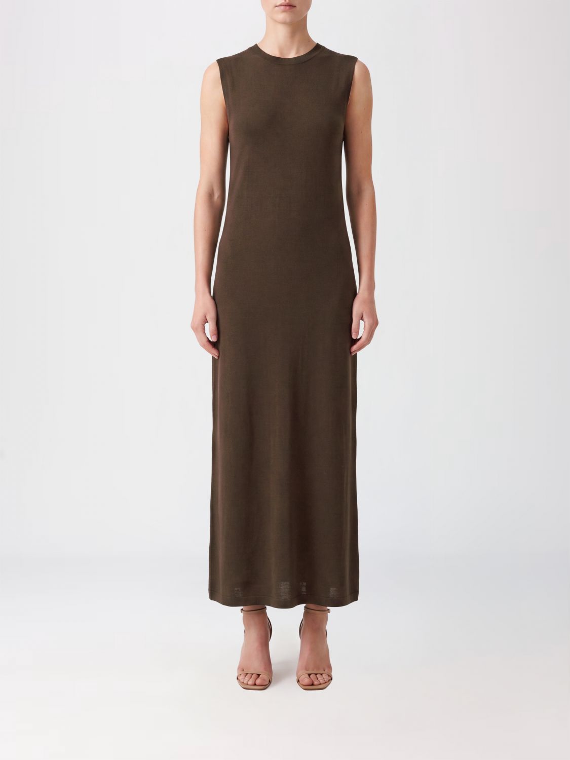 THE ROW Sleeveless Silk Midi Sheath Dress with Crew Neck