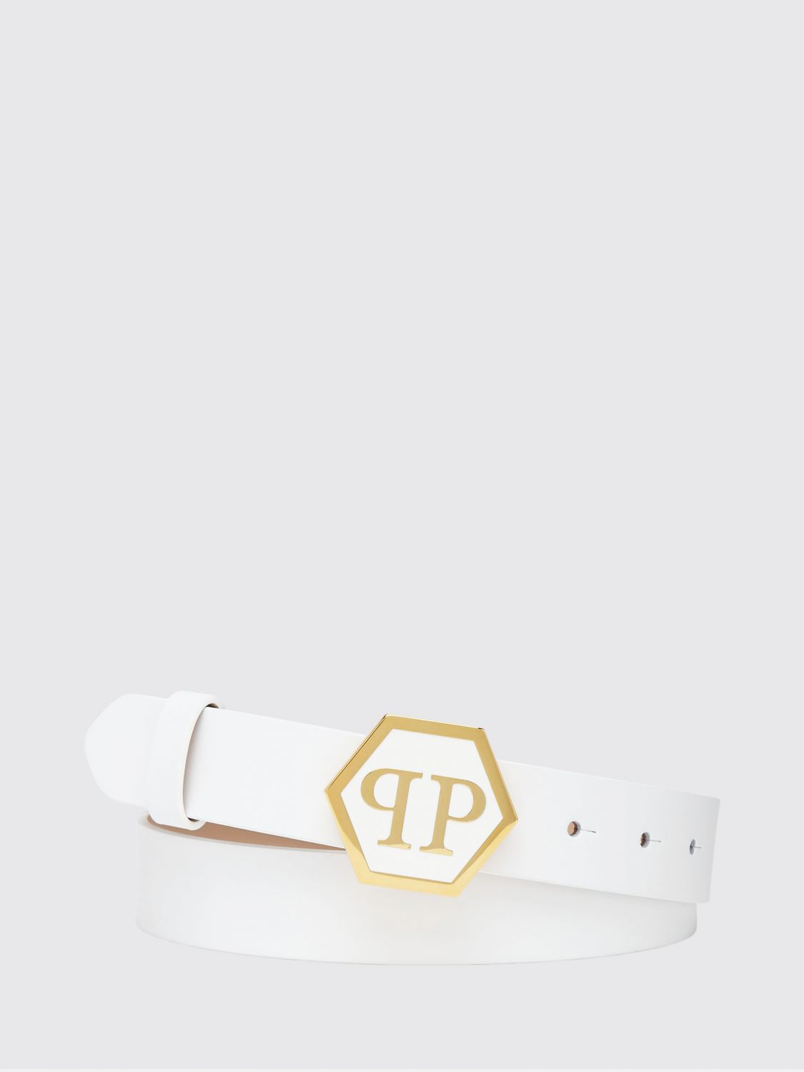 PHILIPP PLEIN Smooth Leather Belt with Hexagon Monogram Buckle