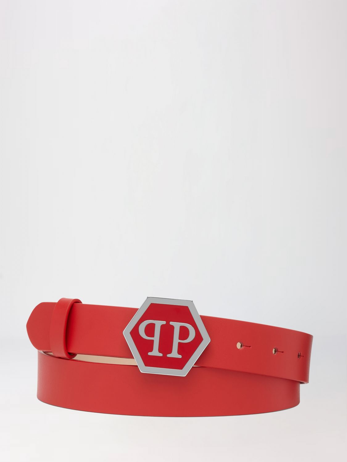 Philipp Plein Smooth Leather Belt With Hexagon Monogram Buckle In Red