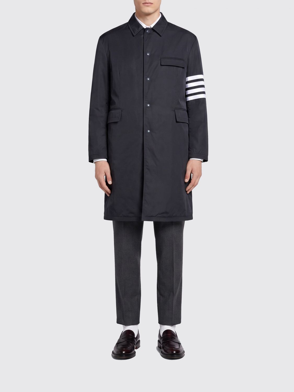 THOM BROWNE Single-Breasted Padded Trench Coat in Polyester with 4-Bar Motif