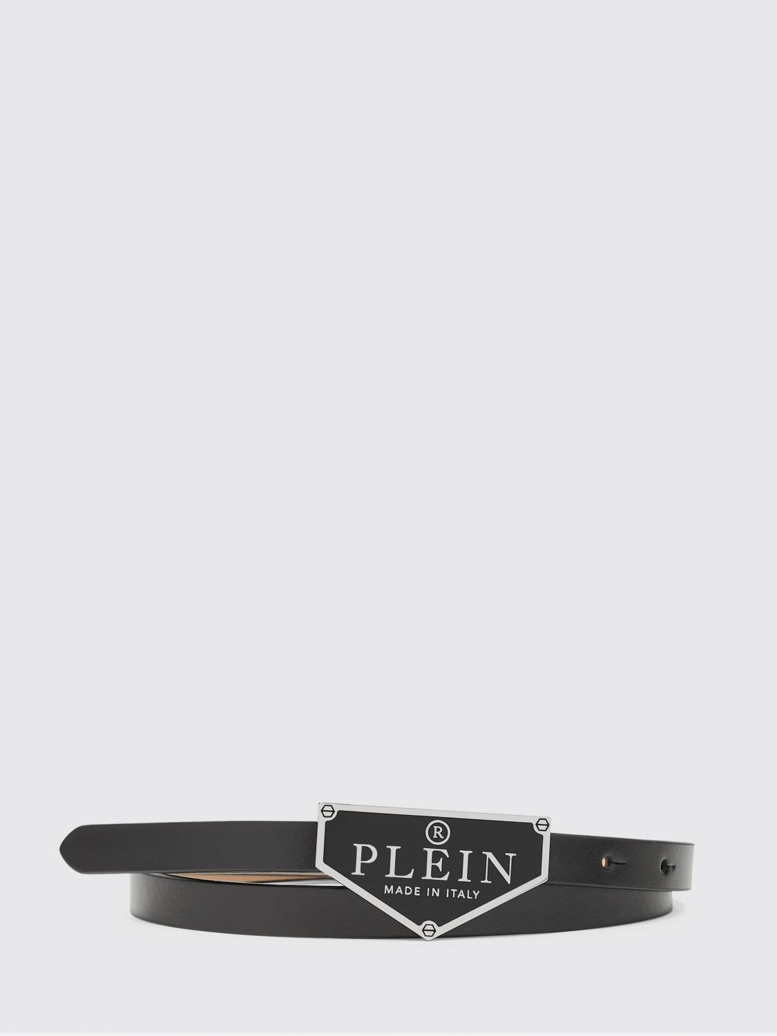 PHILIPP PLEIN Cintura sottile in pelle liscia con fibbia logo smaltata