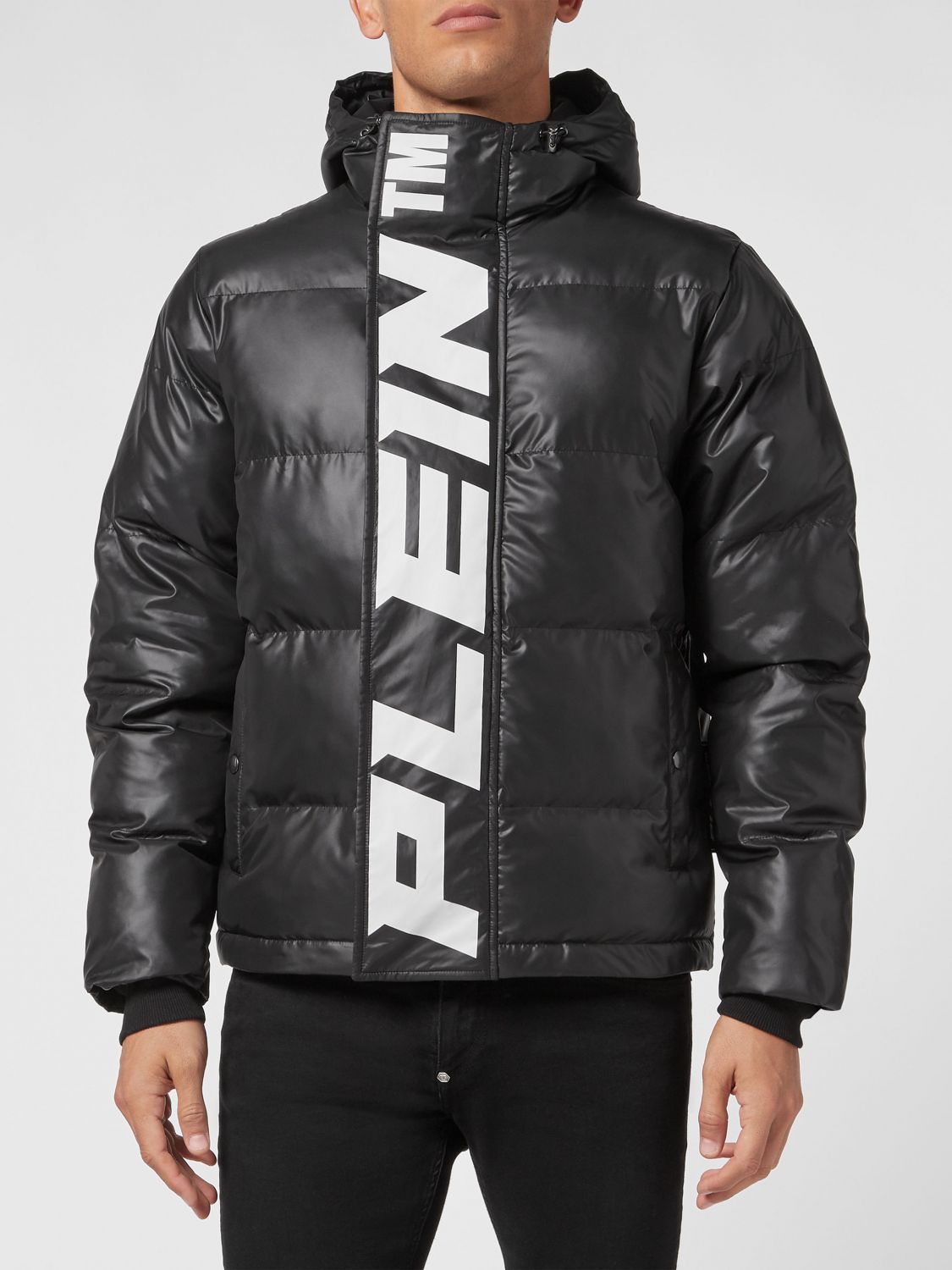 PHILIPP PLEIN Padded Technical Fabric Puffer Jacket with Hood and Logo