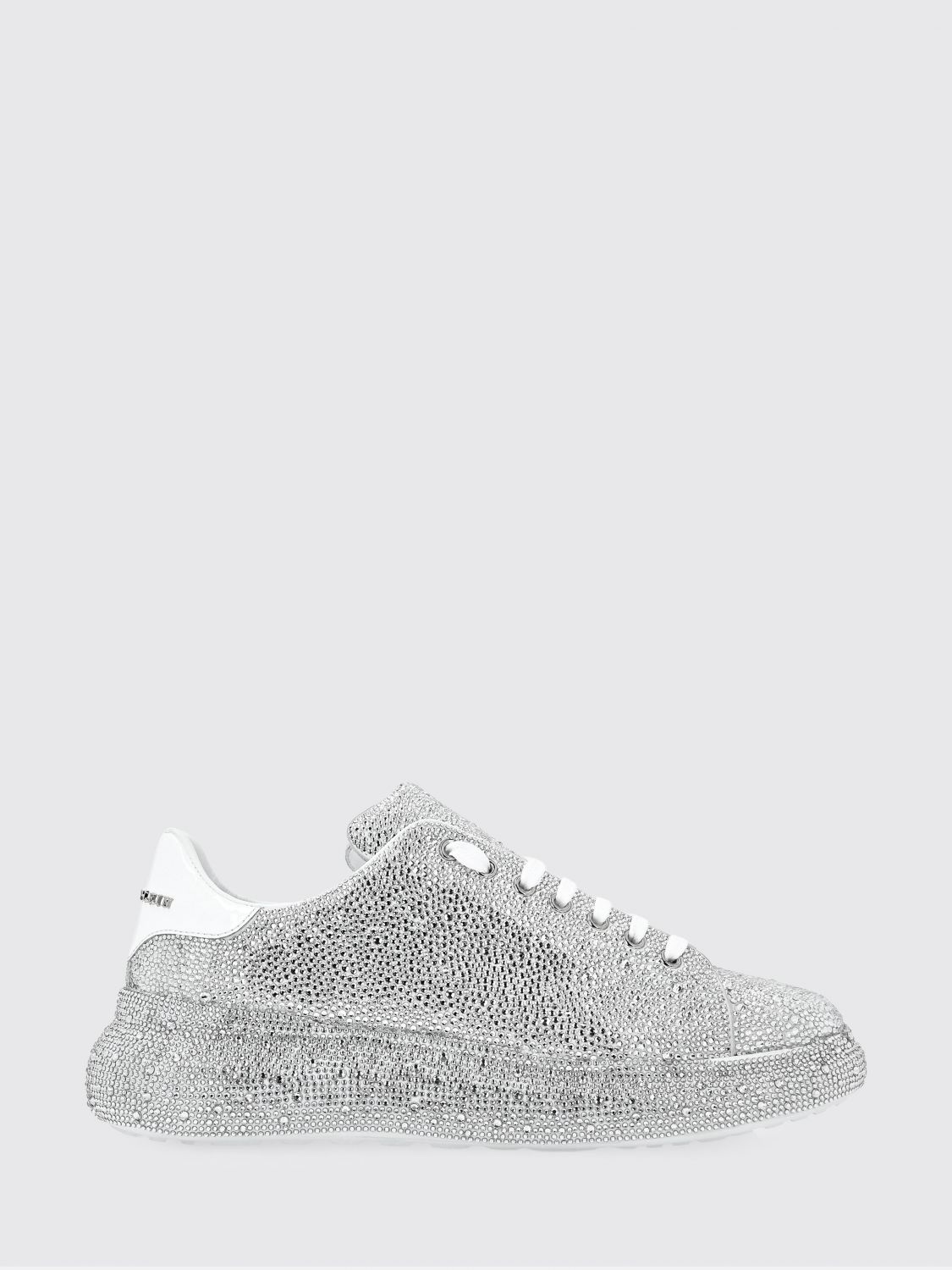 PHILIPP PLEIN Sneakers basse in pelle argento con applicazione di strass
