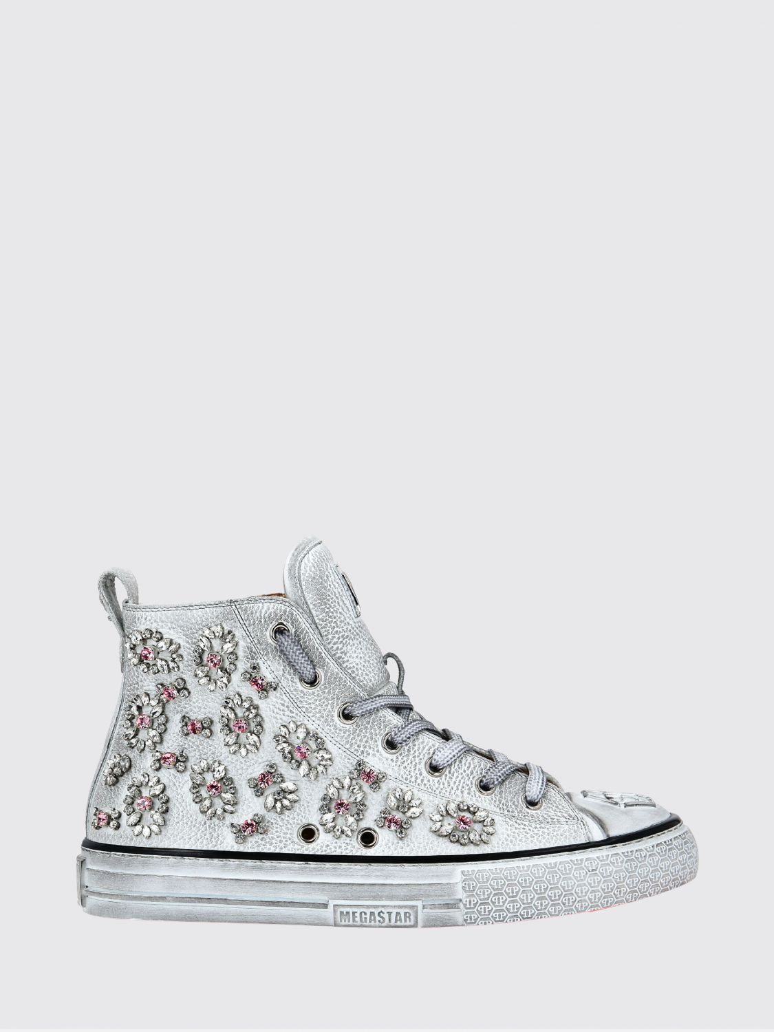PHILIPP PLEIN Sneakers alte in pelle a grana con strass e logo Hexagon