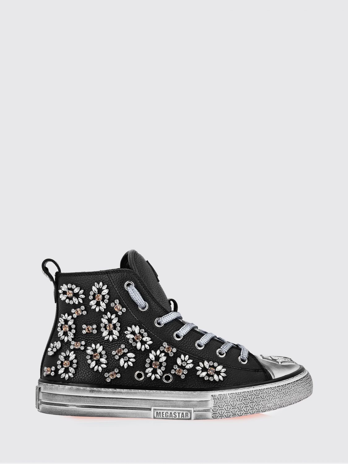 PHILIPP PLEIN Grained Leather High-Top Sneakers with Rhinestones and Hexagon Logo