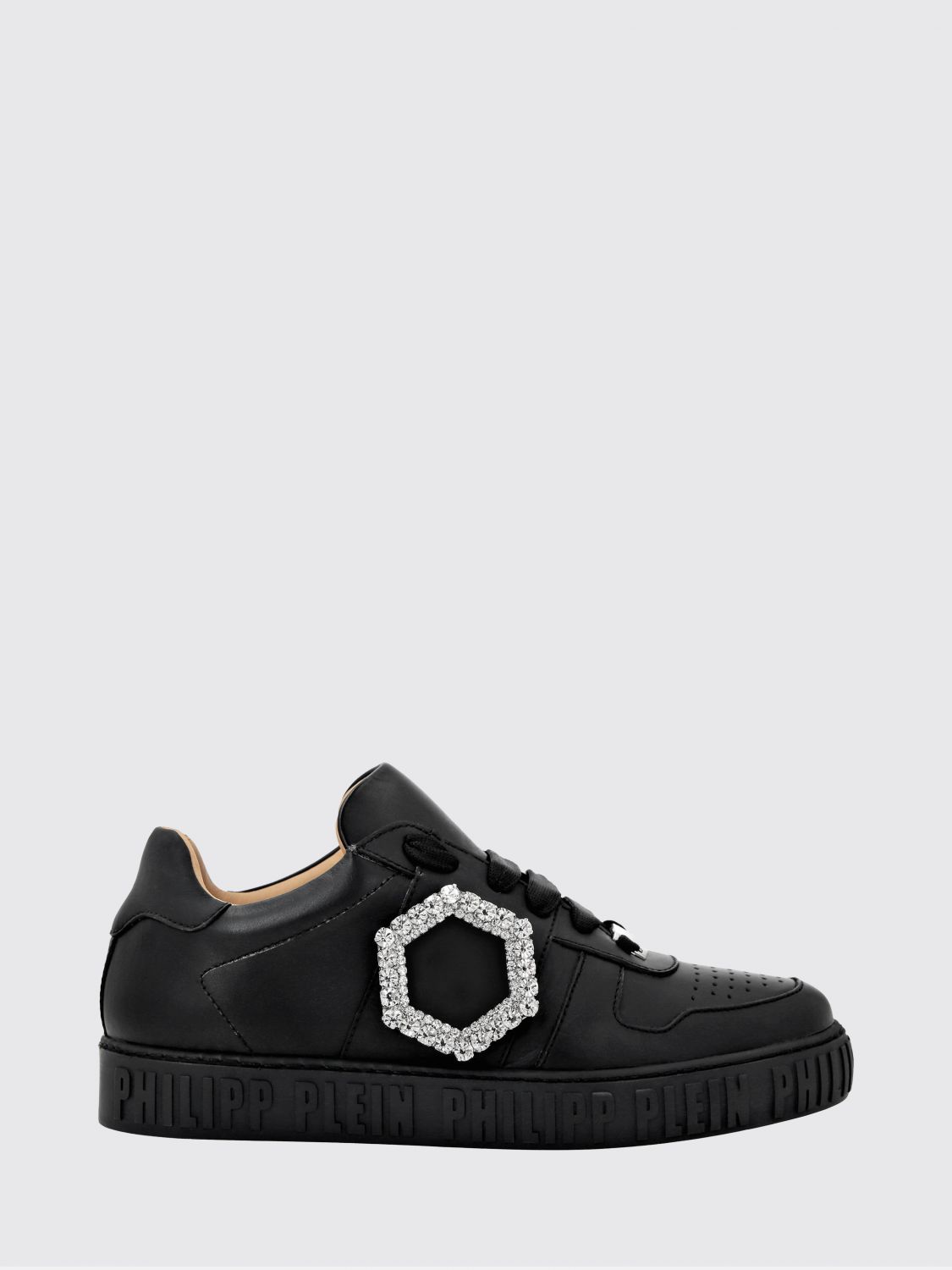 PHILIPP PLEIN Sneakers basse in pelle liscia con fibbia gioiello