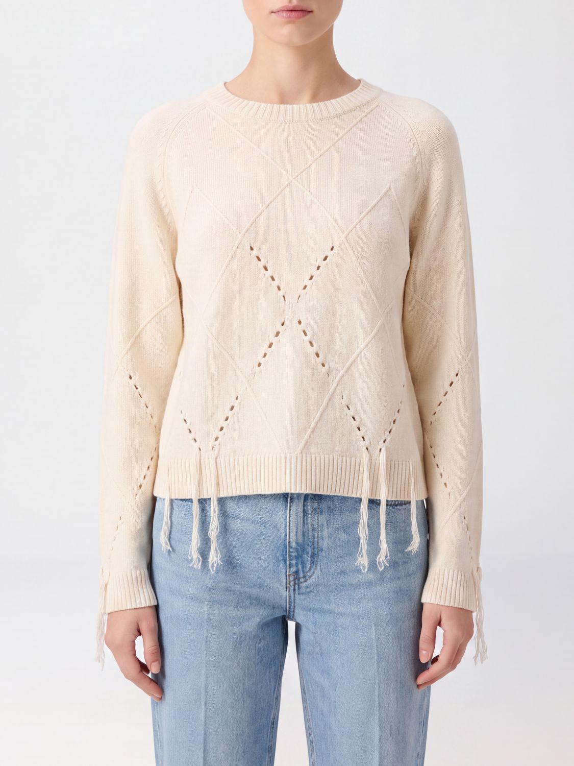 PINKO Berna Argyle Wool and Cashmere Jumper with Fringe Details