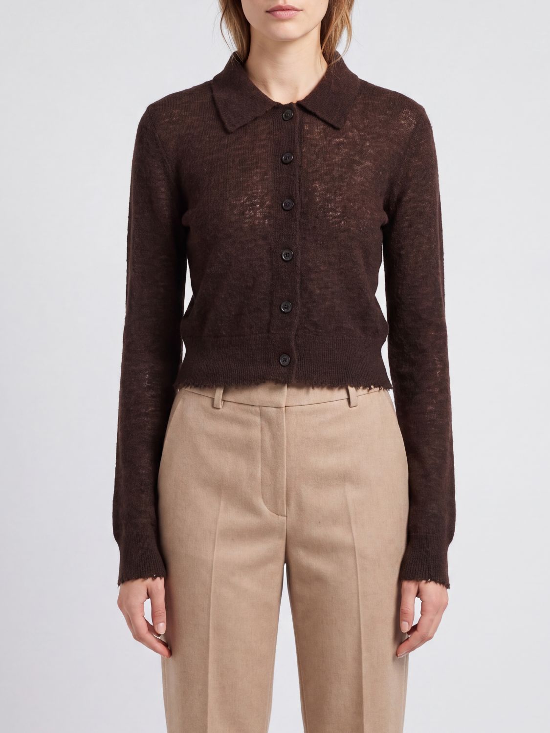 PINKO Slim Fit Wool and Alpaca Blend Cardigan with a Classic Collar