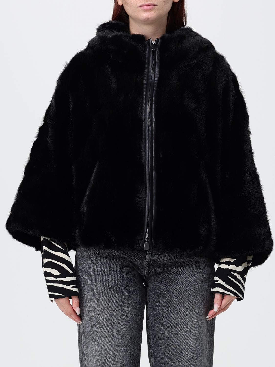 PINKO Hooded Faux Fur Jacket with Front Zip Closure