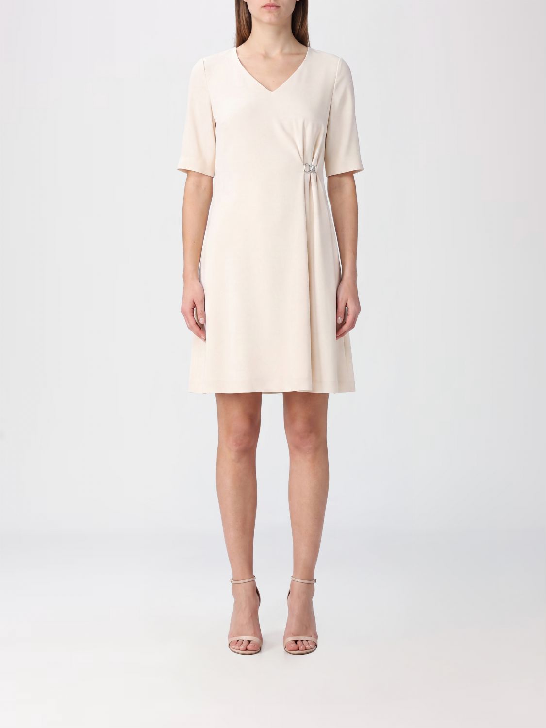 HERNO A-Line V-Neck Mini Dress in Polyester with Metallic Ring Detail