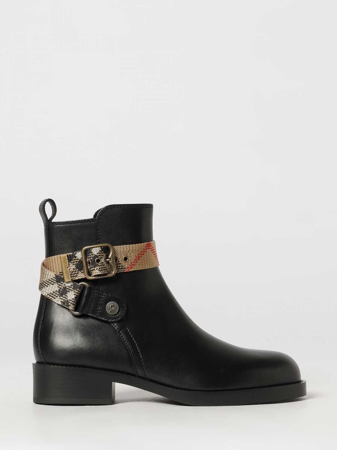 BURBERRY Huntley Leather Biker Ankle Boots with Vintage Check Inserts