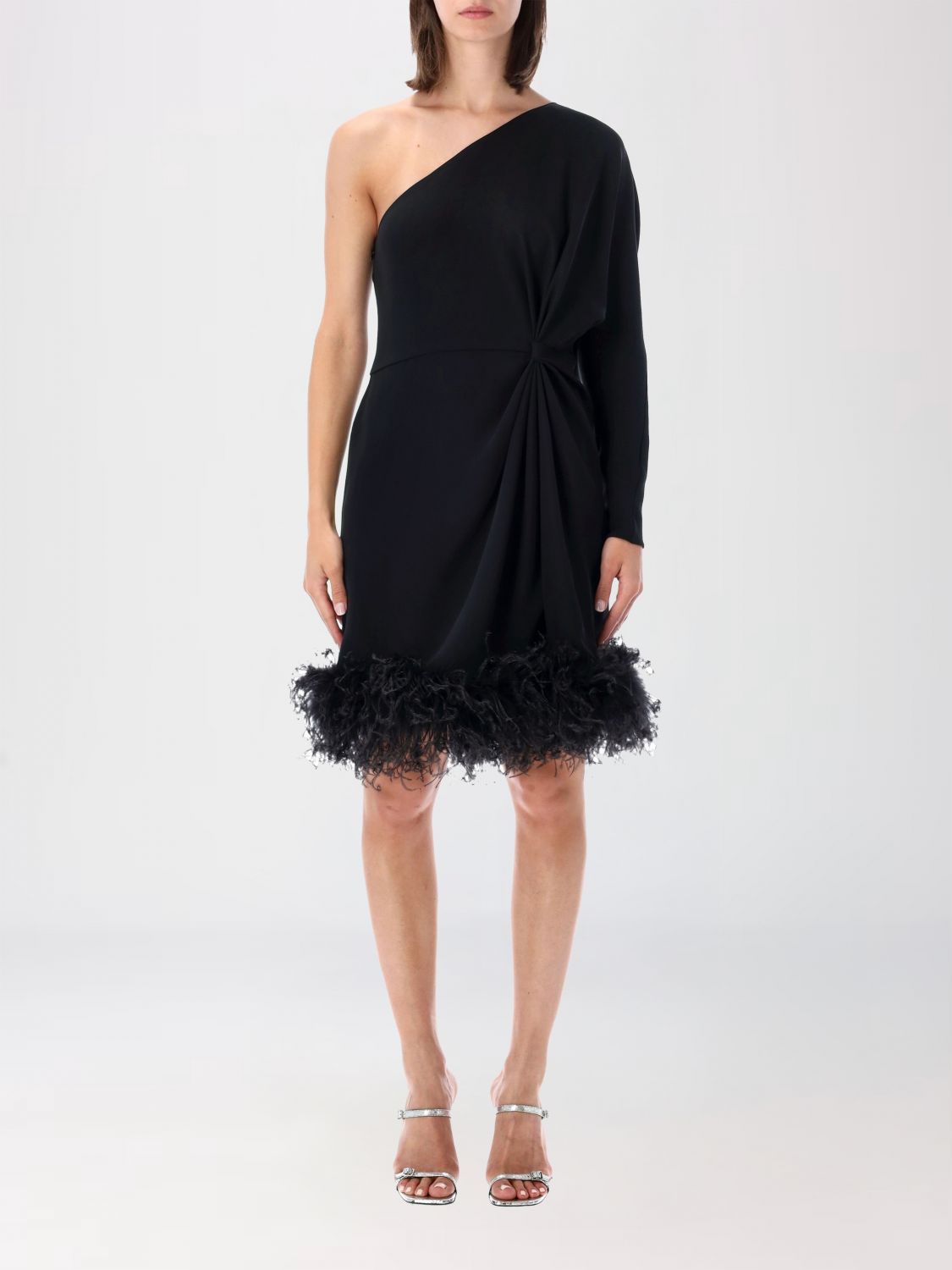 VALENTINO One-Shoulder Silk Mini Evening Gown with Ostrich Feather Application