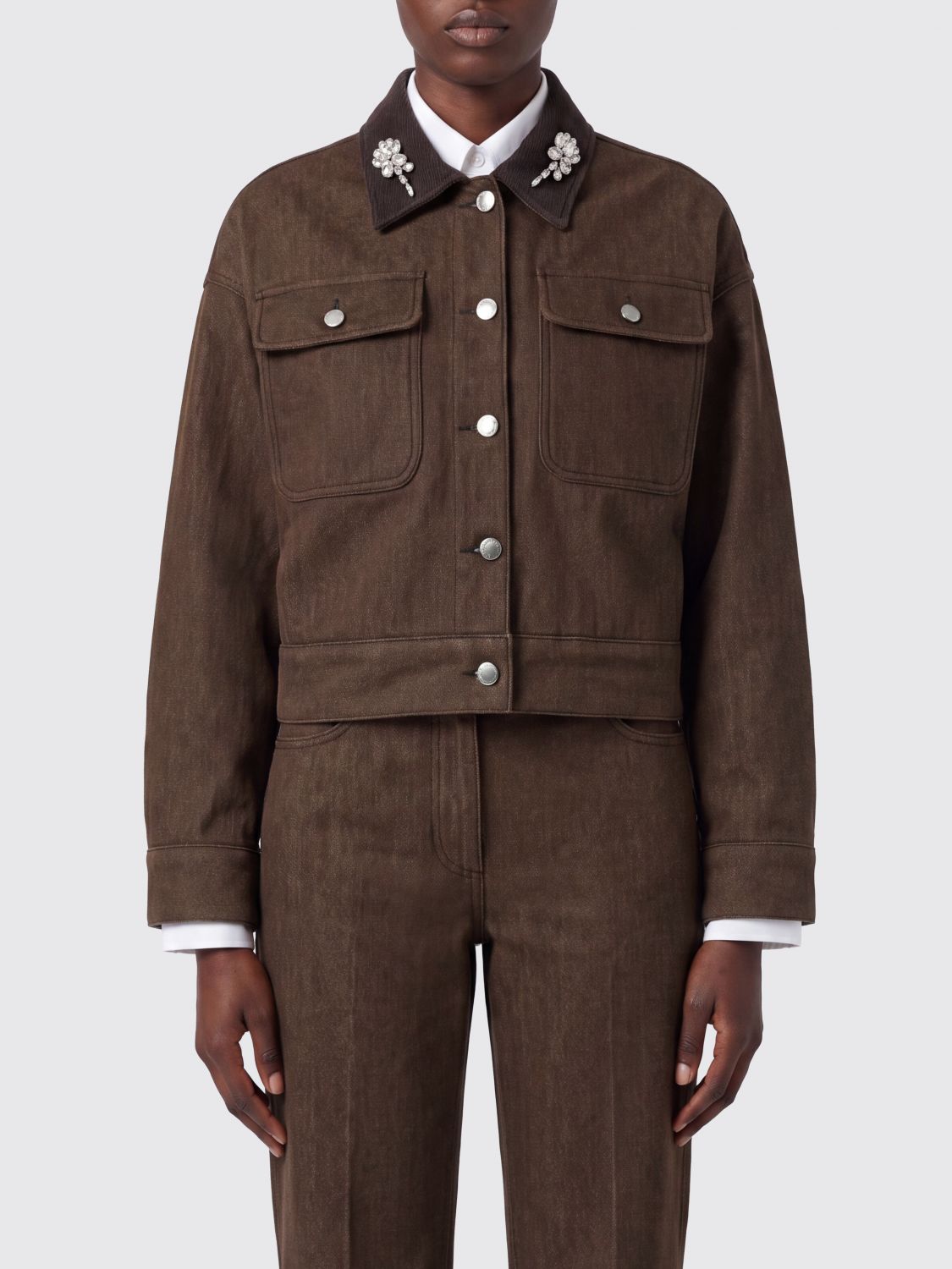 SIMONE ROCHA Cropped Cotton Shirt Jacket with Crystal Embellishments