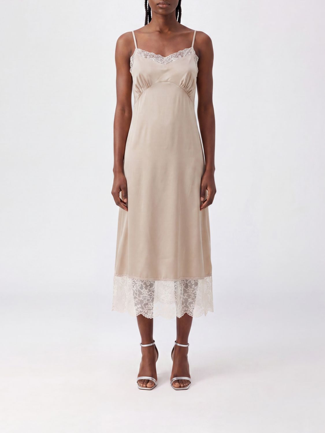 SIMONE ROCHA Satin Midi Slip Dress with Embroidered Lace Details