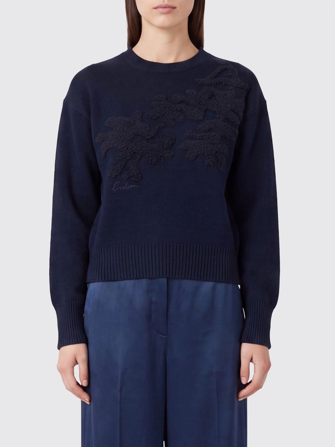 Erdem Crewneck Jumper in Pure Extrafine Merino Wool with Floral Motif