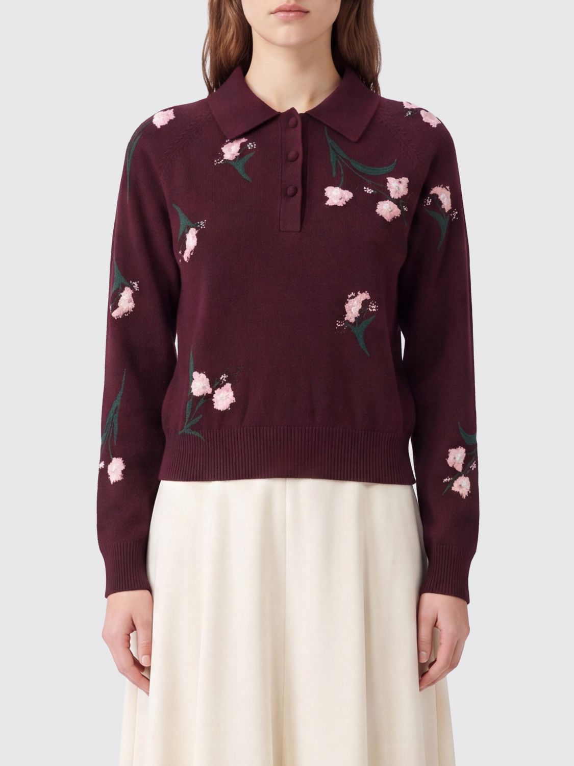 Erdem Slim Fit Knitted Polo in Pure Merino Wool with Floral Motif · M