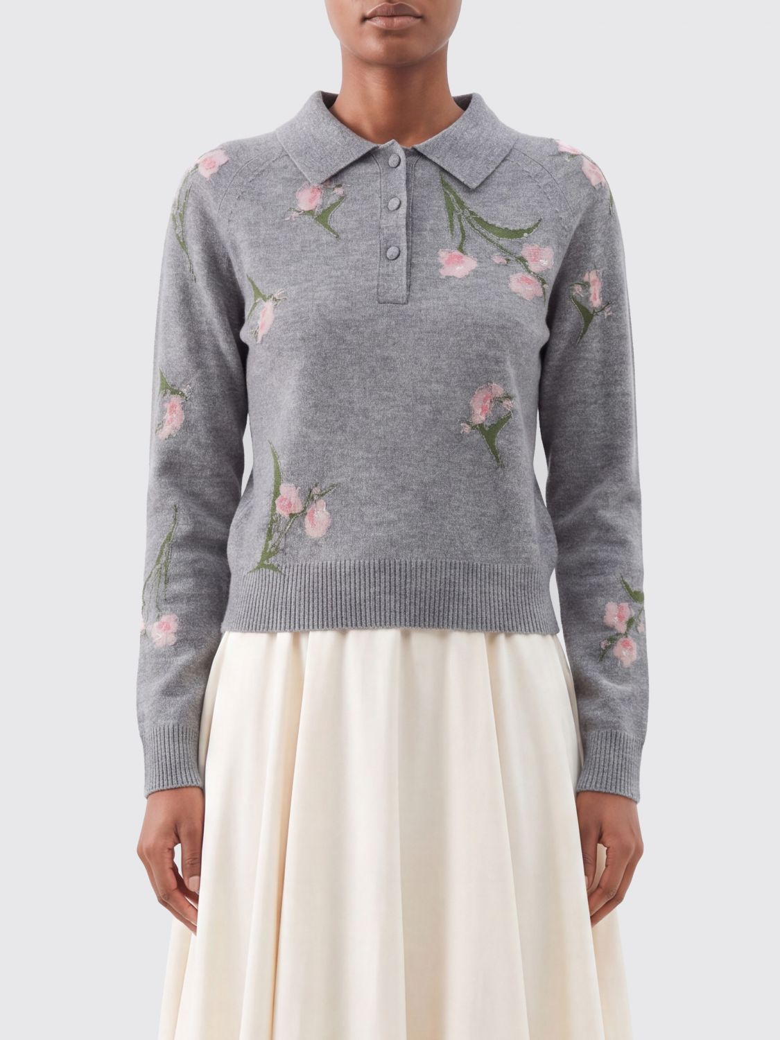 ERDEM Floral Long-Sleeved Wool Knit Polo