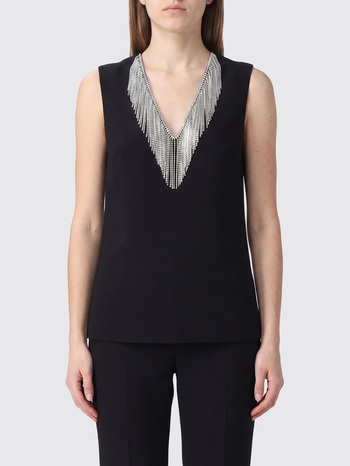 SPORTMAX V-Neck Sleeveless Slim-Fit Top with Jewel Fringes