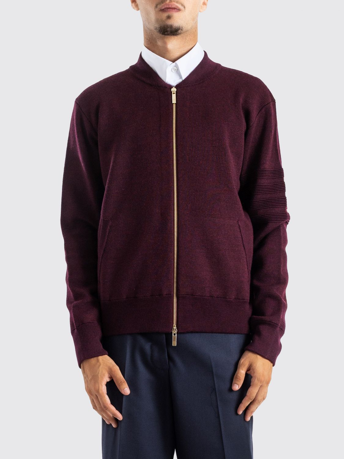 THOM BROWNE Felpa in maglia di lana con zip, collo bomber e motivo 4-Bar