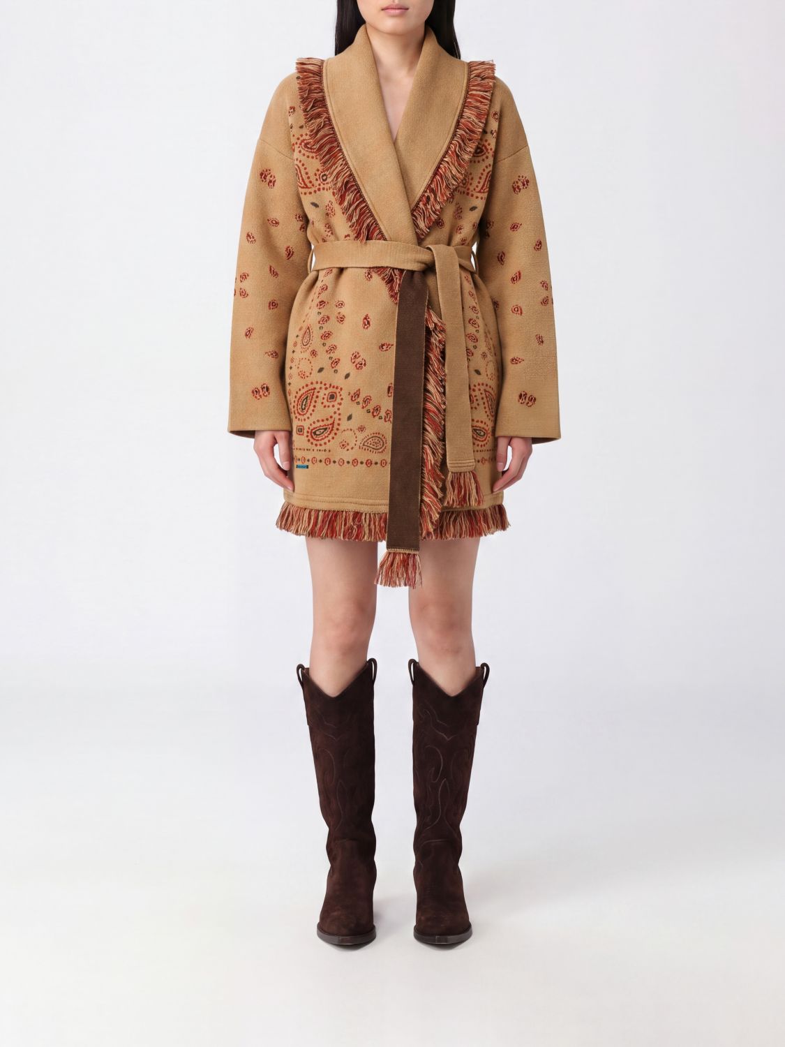 Alanui Bandana Motif Robe Cardigan in Cashmere with Fringes