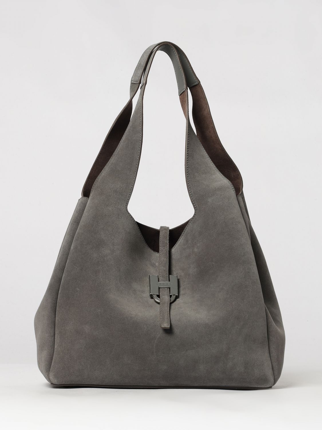 Hogan Suede Leather Shoulder Bag With H Logo And Internal Pouch In Grey
