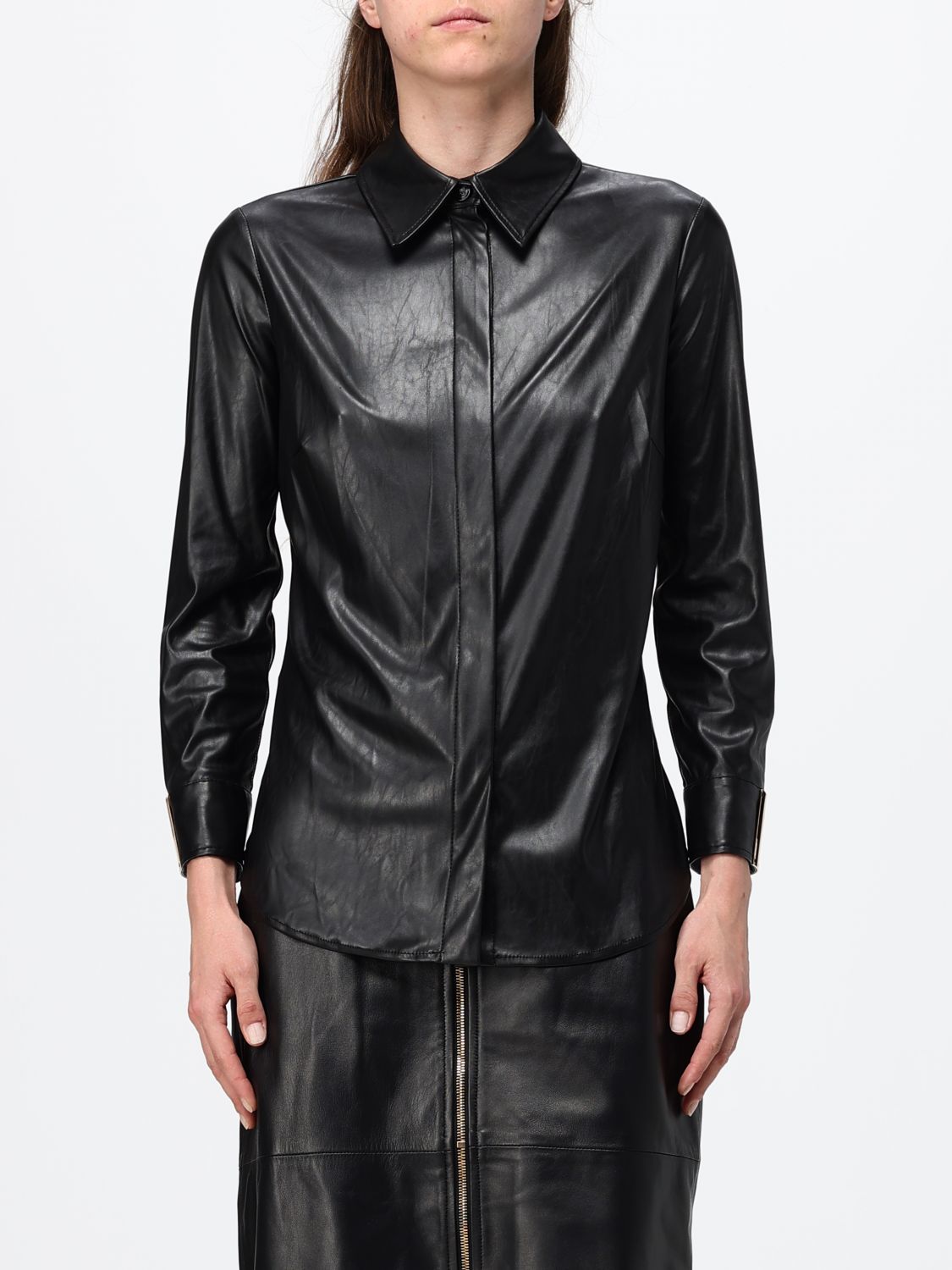 Elisabetta Franchi Slim-Fit Faux Leather Shirt with Logo Detail Cuffs