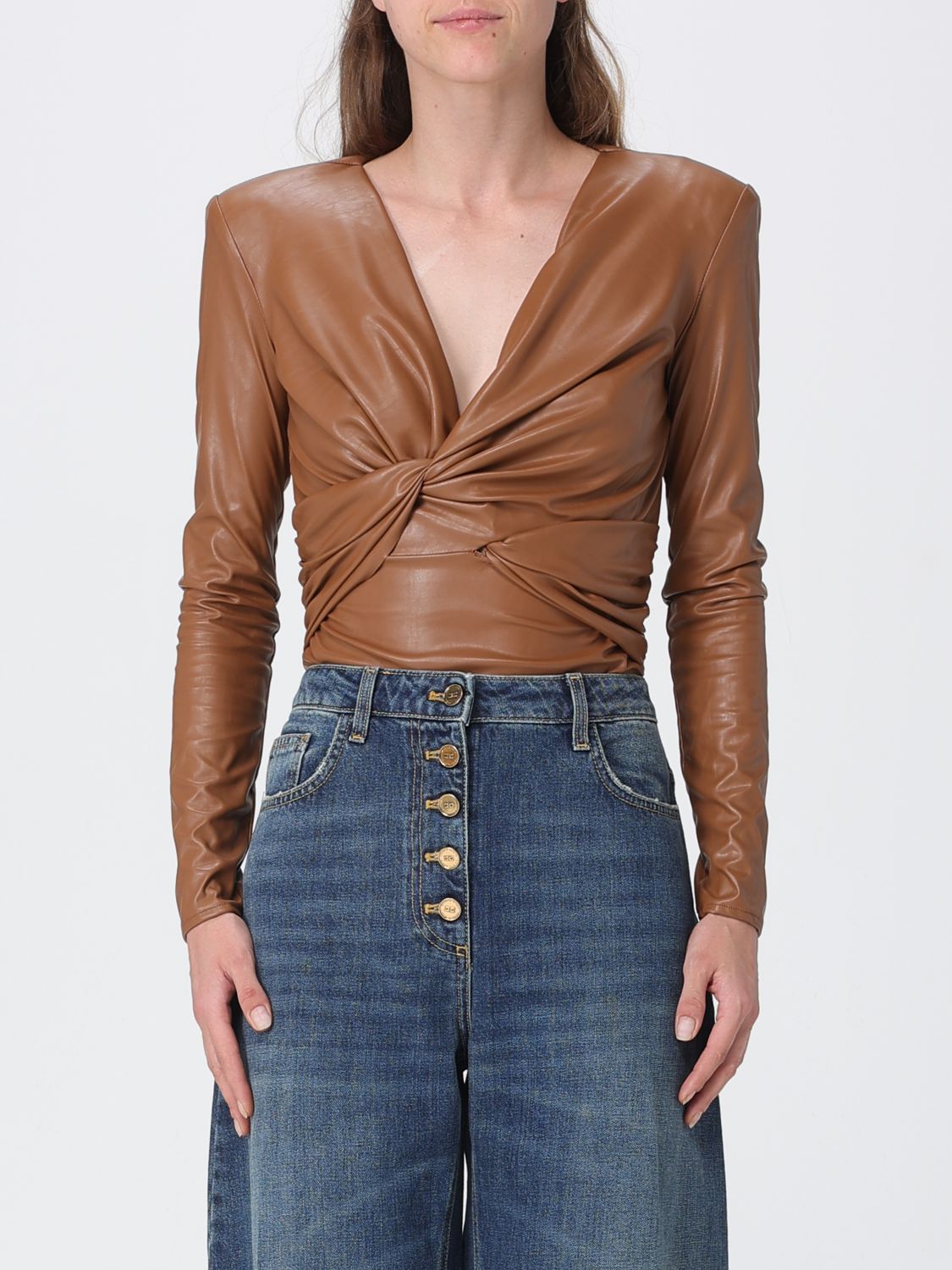 Elisabetta Franchi Long-Sleeved Draped Faux Leather Evening Top