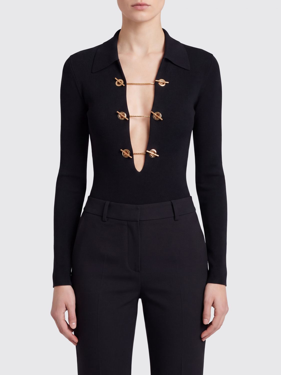 ELISABETTA FRANCHI Stricktop aus Viskose mit V-Ausschnitt und Klammerdetail