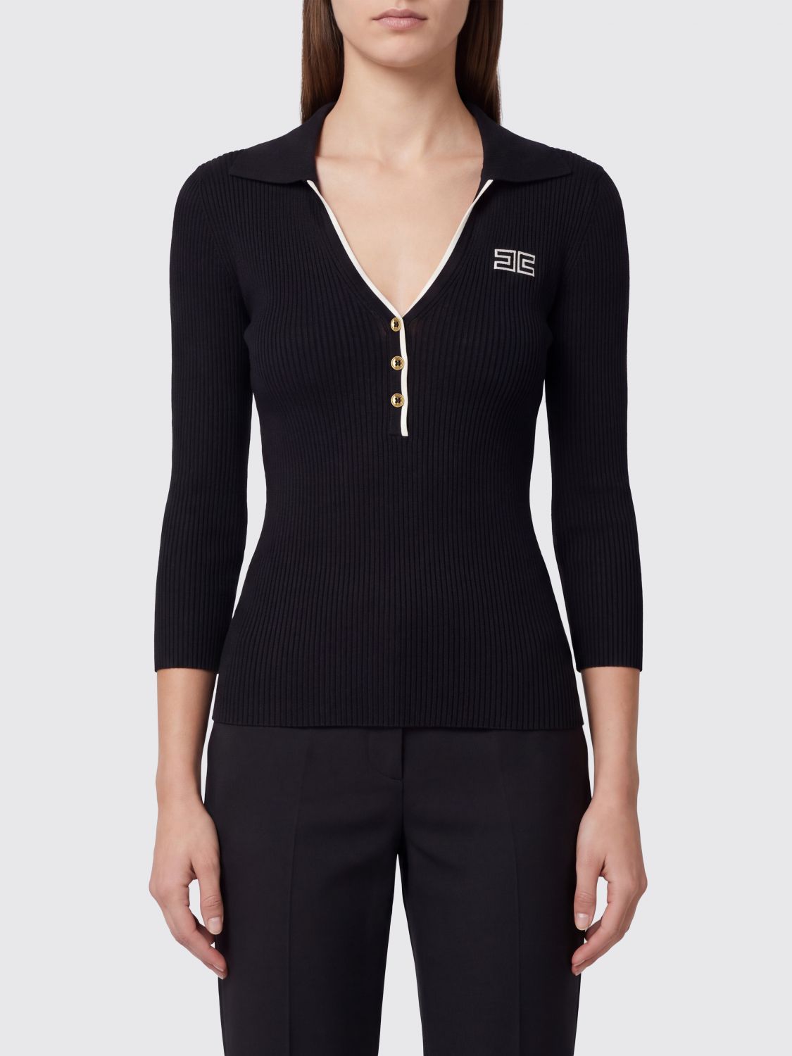 ELISABETTA FRANCHI Slim-Fit-Poloshirt aus Rippstrick mit langen Ärmeln