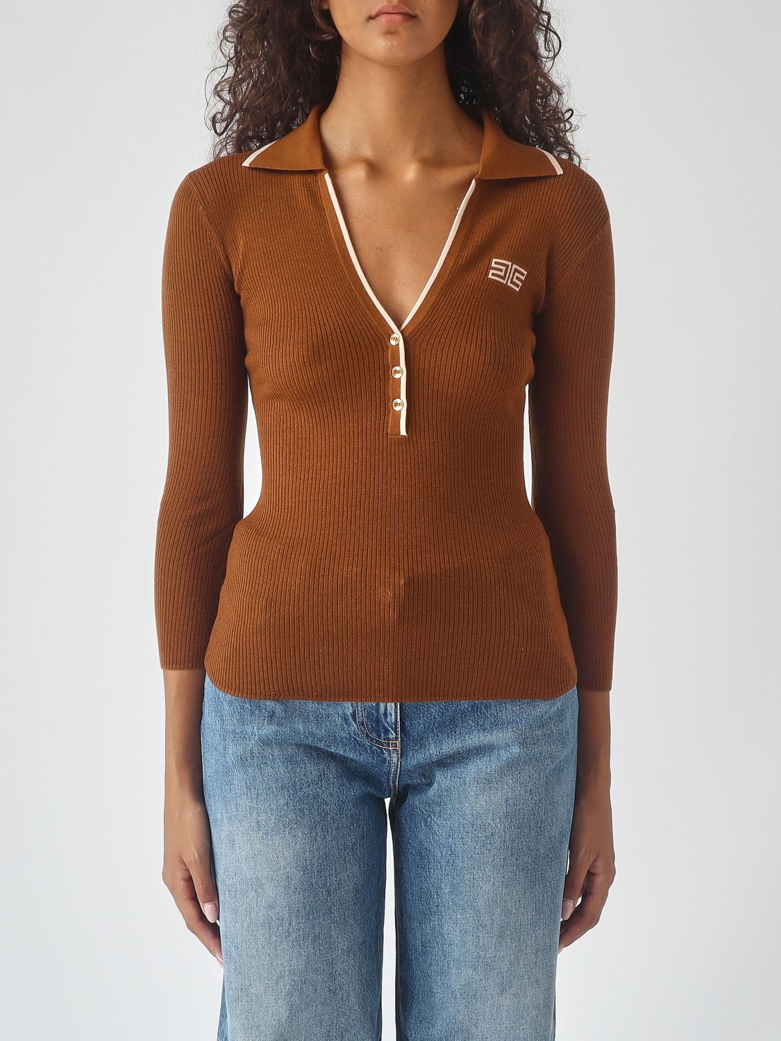 Elisabetta Franchi Slim Fit Long-Sleeved Ribbed Knitted Polo Shirt