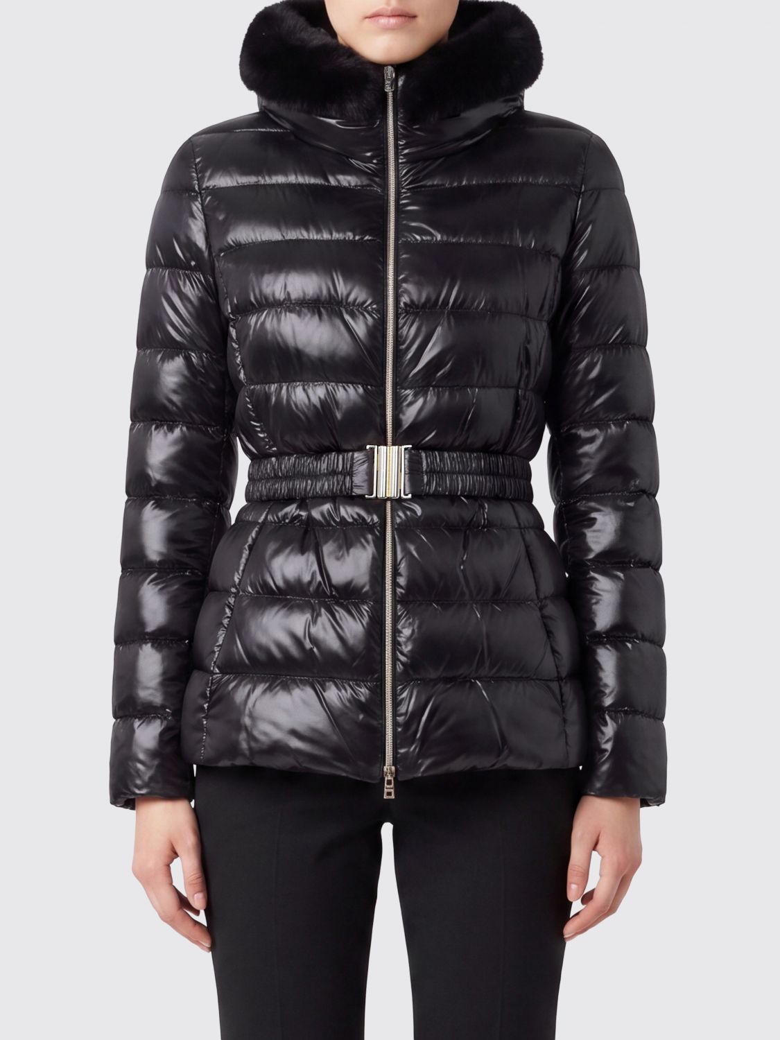 HERNO Slim Fit Quilted Nylon Puffer Jacket with Fur Collar and Belt