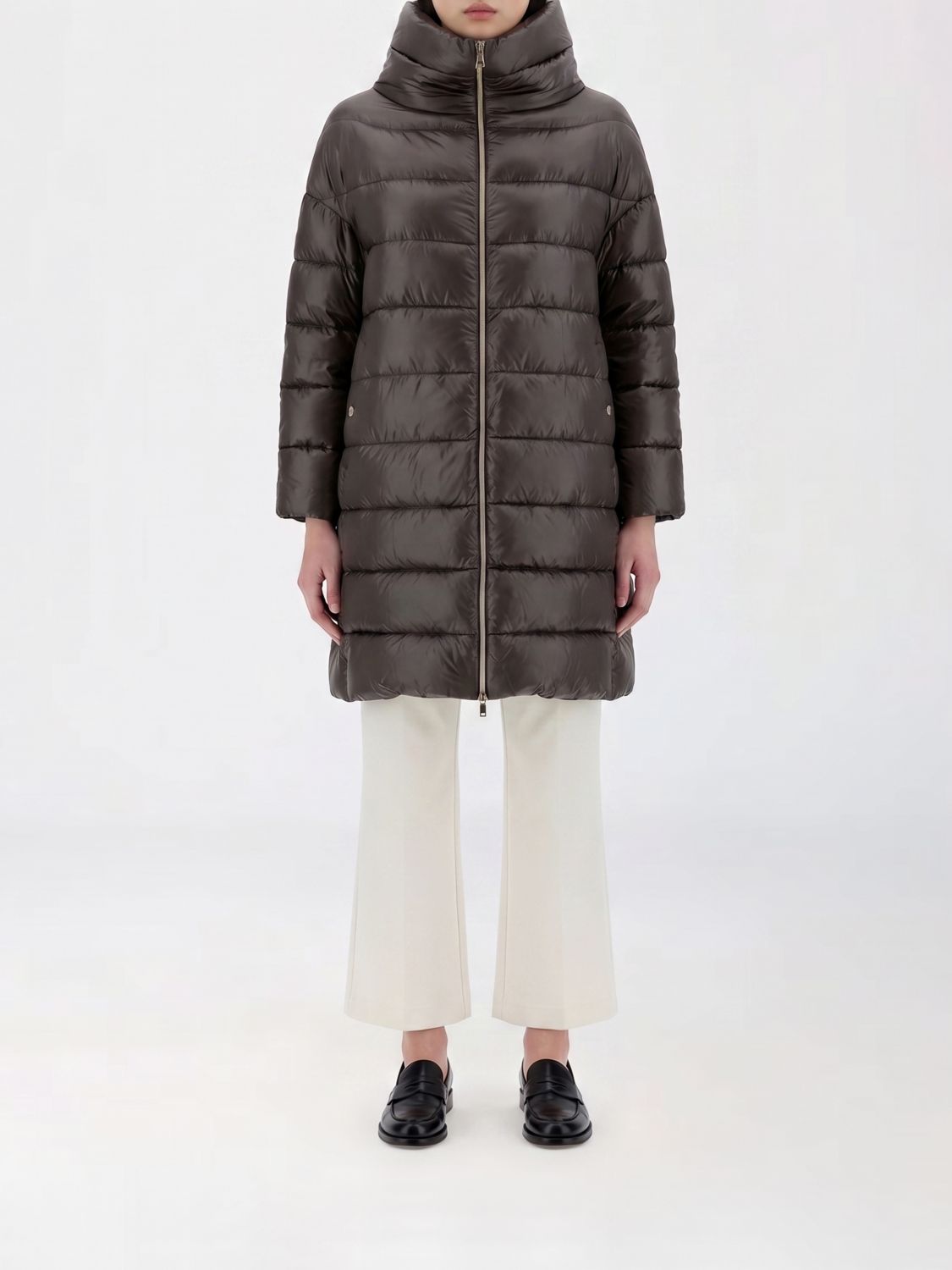 HERNO Long Quilted Nylon Puffer Coat with Funnel Neck and Zip Closure