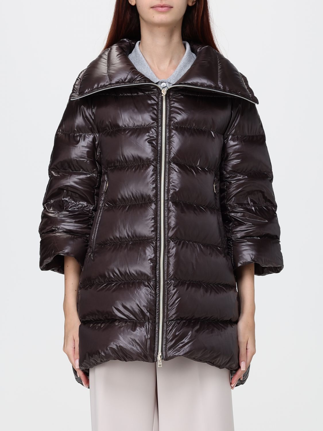 HERNO Long Quilted Nylon Puffer Coat with Funnel Neck and Zip Closure