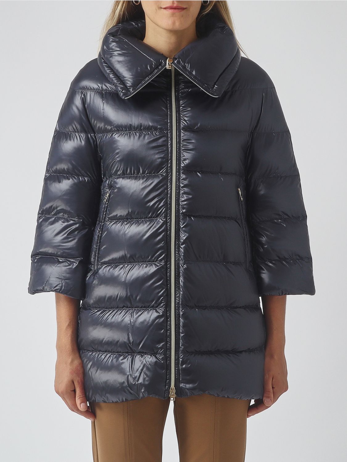 HERNO Long Quilted Nylon Puffer Coat with Funnel Neck and Zip Closure