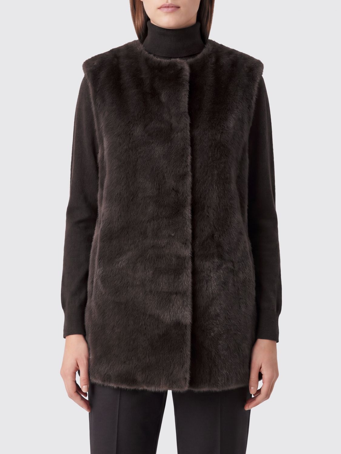 HERNO Crewneck Faux Fur Gilet with Concealed Closure
