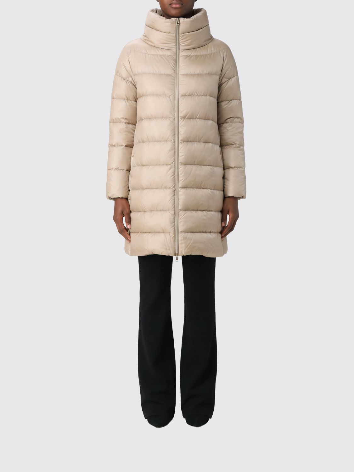 Herno Long Quilted Nylon Puffer Coat With High Neck And Down Padding In Beige