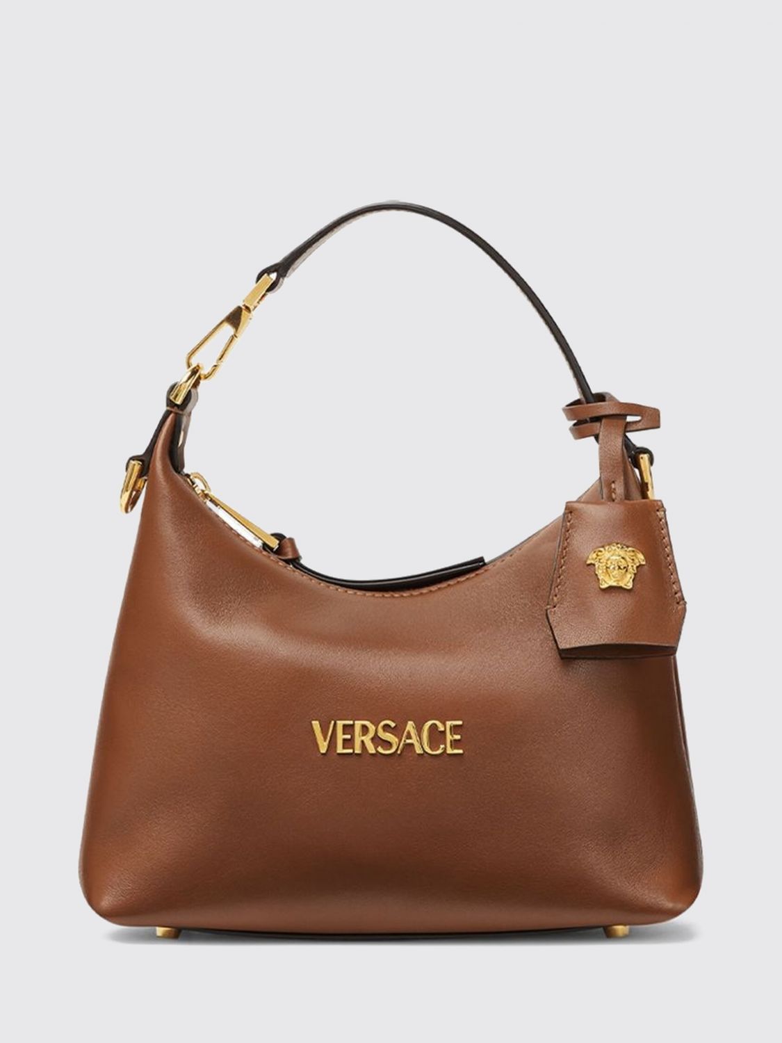 VERSACE Smooth Calfskin Leather Mini Hobo Bag with Charm and Lettering Logo